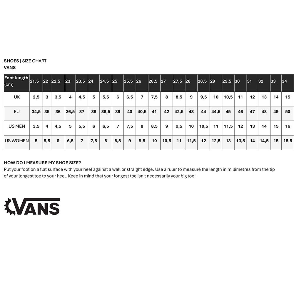 Old skool vans size chart hotsell